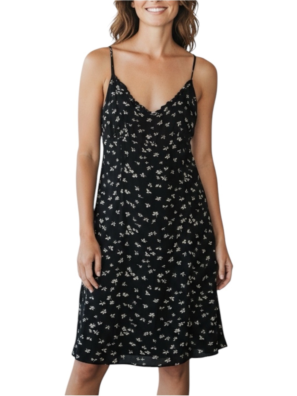Ann Taylor 90s Black Floral Slip Ruffle V Neck Neckline Trim Dress
